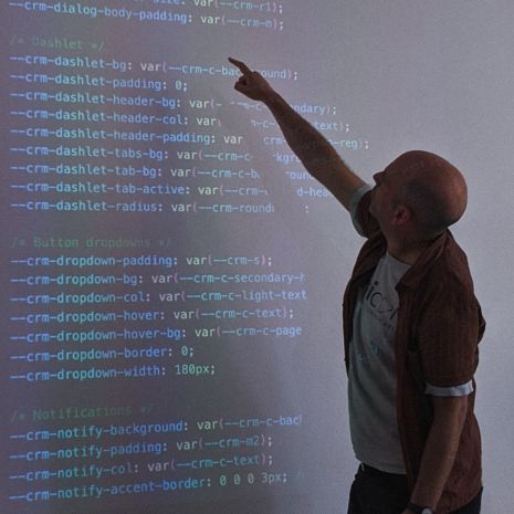 Silhouted figure at projector screen pointing at a list of CSS variables at CiviCamp Hamburg 2024