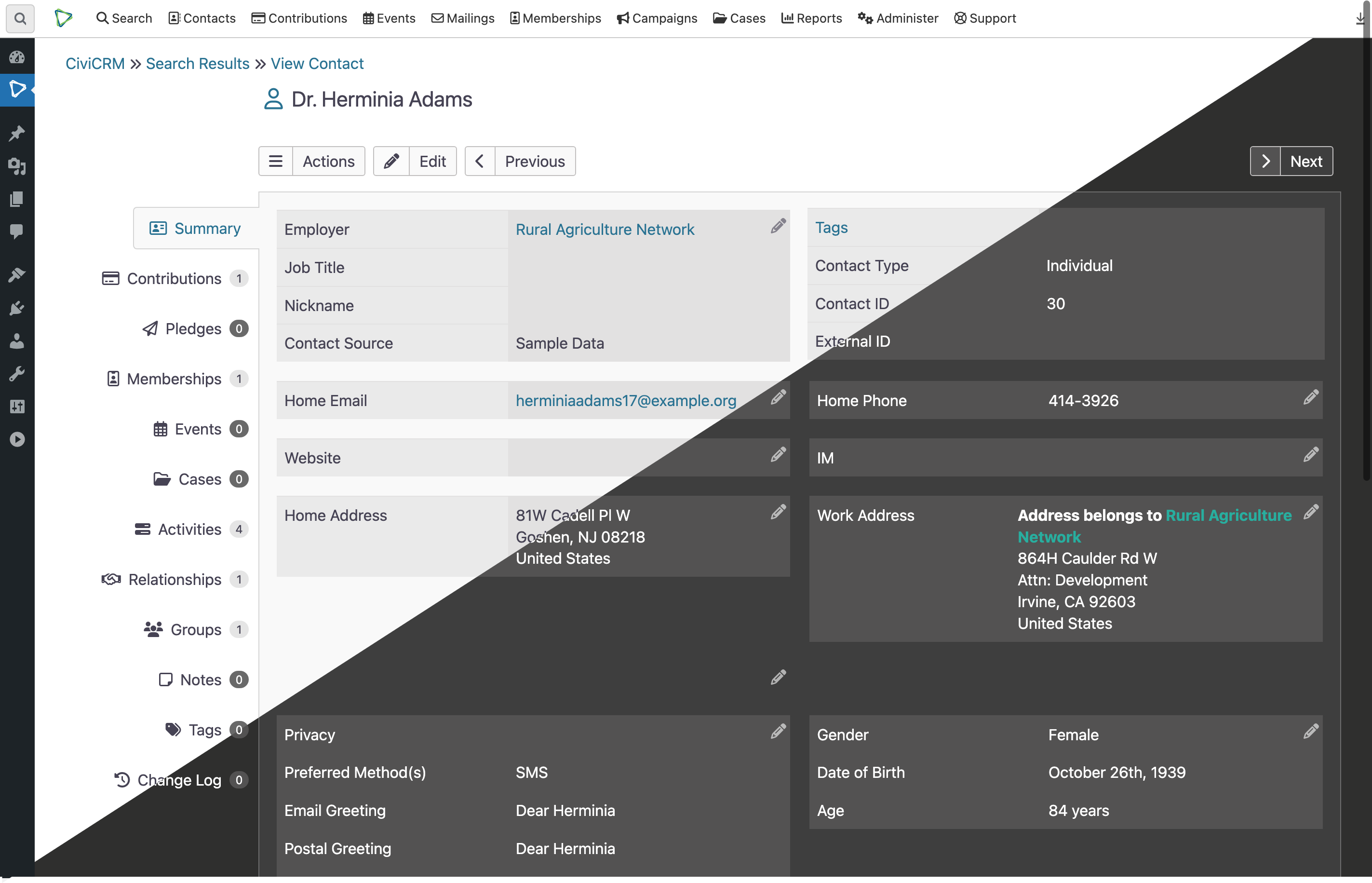 Screengrab of CiviCRM RiverLea: Hackney Brook interface split into light and dark mode
