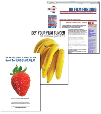 A webpage 'uk film funding' then a book with bananas on the cover and a book with a strawberry on the cover.