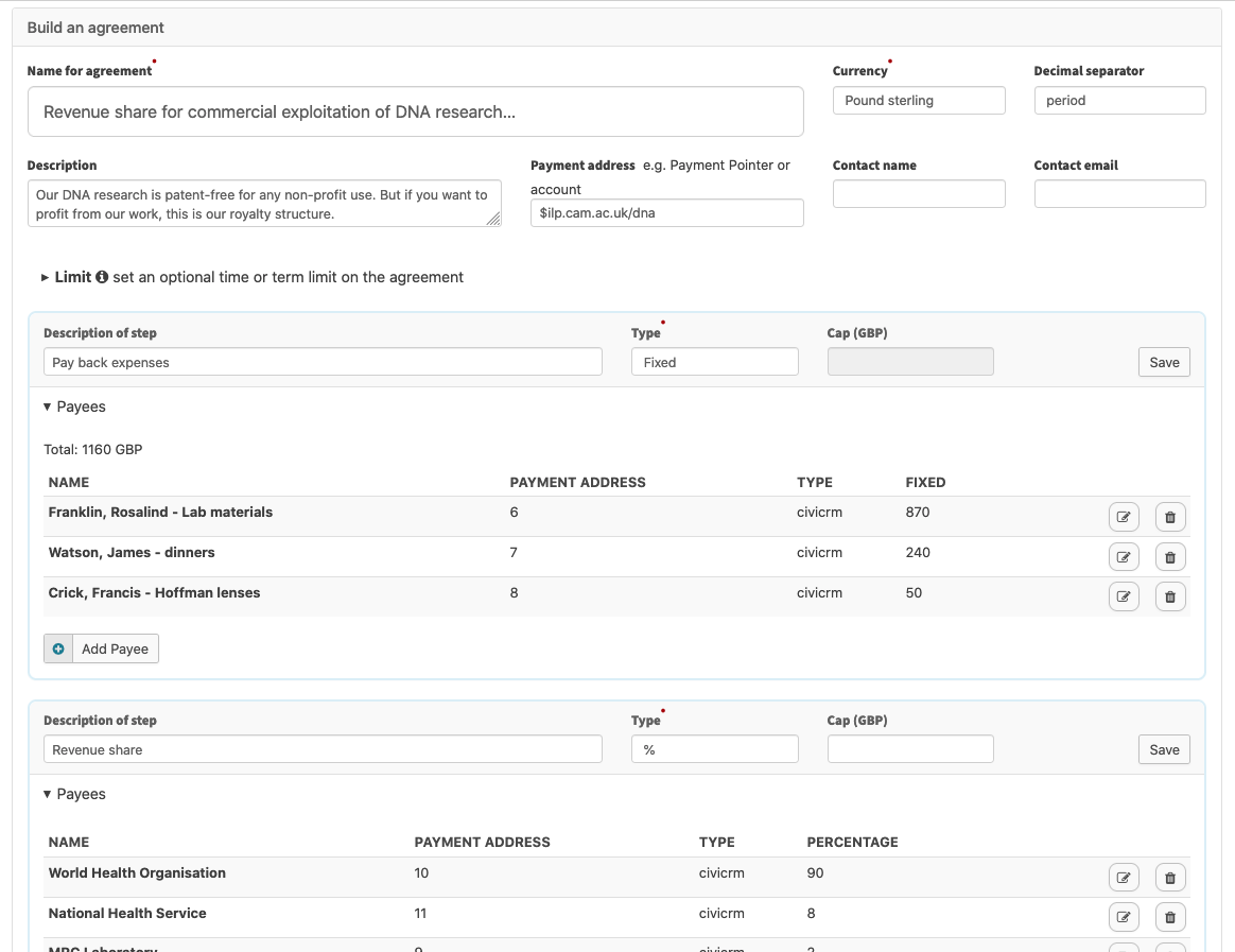 Screengrab of revenue sharing agreement builder