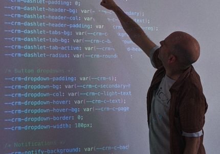 Silhouted figure at projector screen pointing at a list of CSS variables at CiviCamp Hamburg 2024