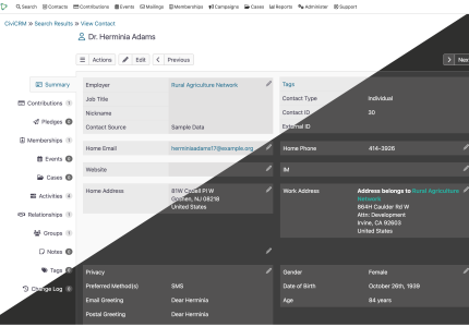 Screengrab of CiviCRM RiverLea: Hackney Brook interface split into light and dark mode
